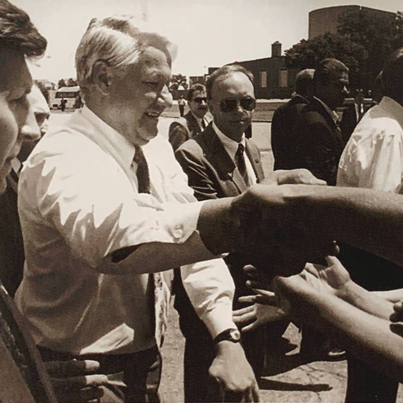 Russian President Boris Yeltsin shakes hands with students at Wichita State during a 1992 appearance