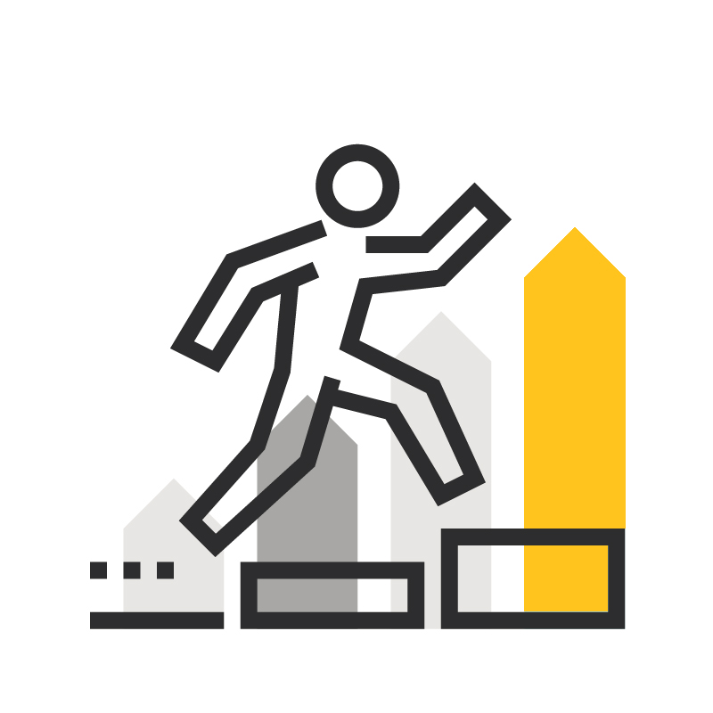 Academic innovation logo showing a cartoon outline of a human walking up a series of vertical chart bars as if they're stairs.
